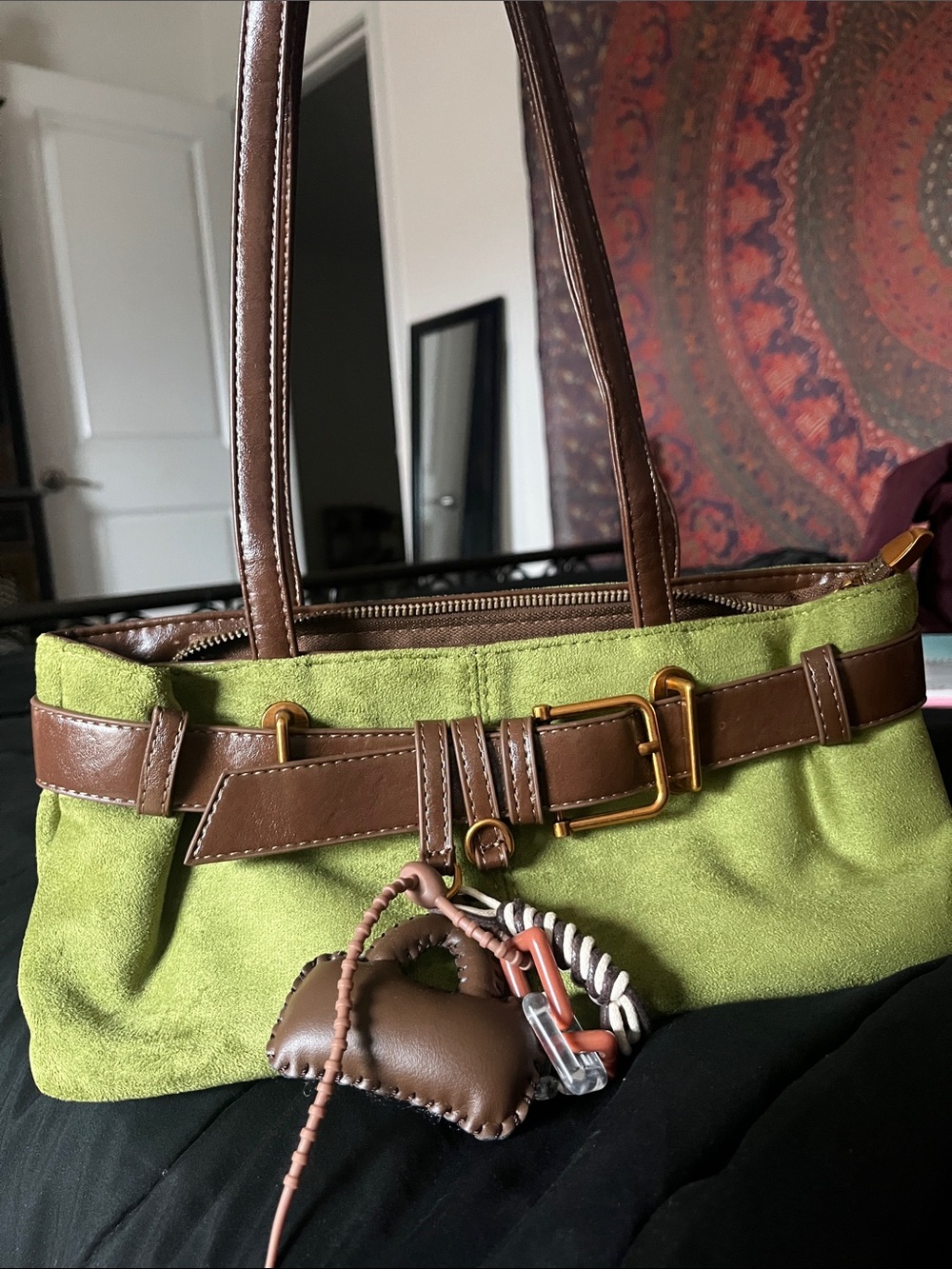 Women’s Green Suede Bag with Brown Faux Leather Trim